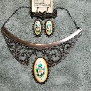 Vintage Russian Enamel necklace and earrings